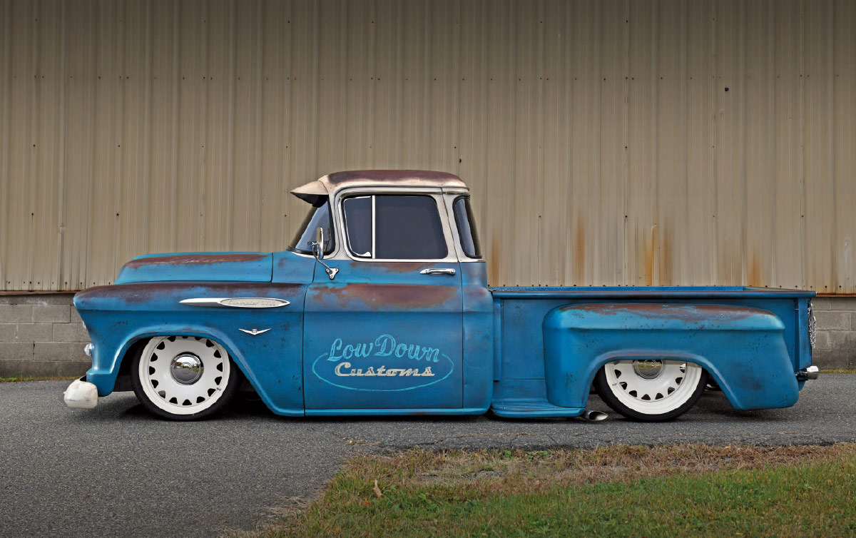 1957 Chevy 3100 side profile slammed white roof rat rod stance