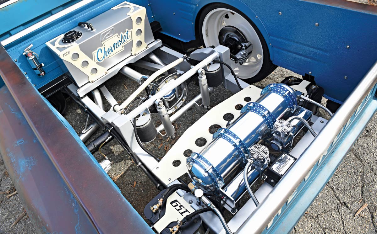 1957 Chevy 3100 custom air ride suspension setup bed-mounted tanks