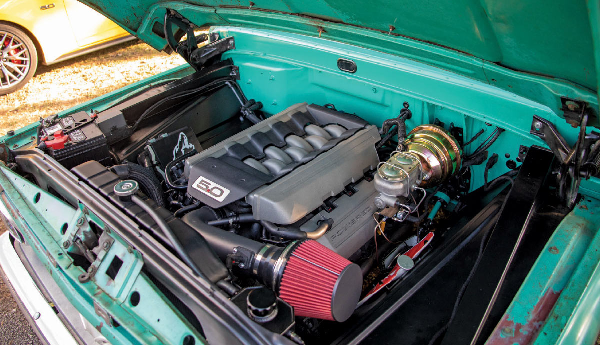 1966 Ford F-100 Coyote swap 5.0L engine bay restomod