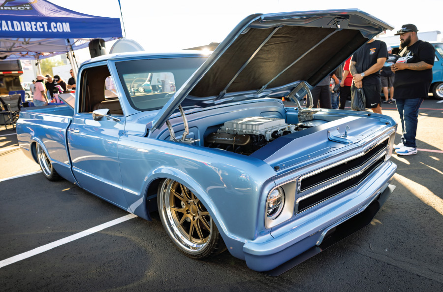 1969 c10 step side pro touring metallic blue billet wheels engine bay open slammed stance