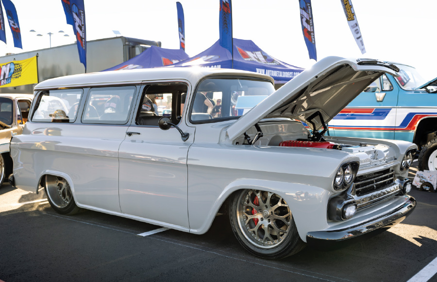 1959 chevy apache suburban restomod white red engine bay big wheels auto metal direct booth