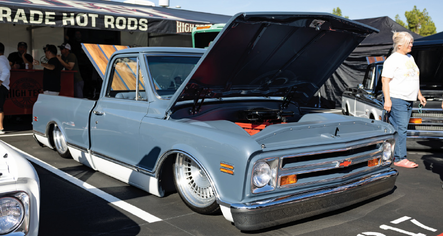 1970 chevy c10 blue white two tone custom wheels static drop high tech booth