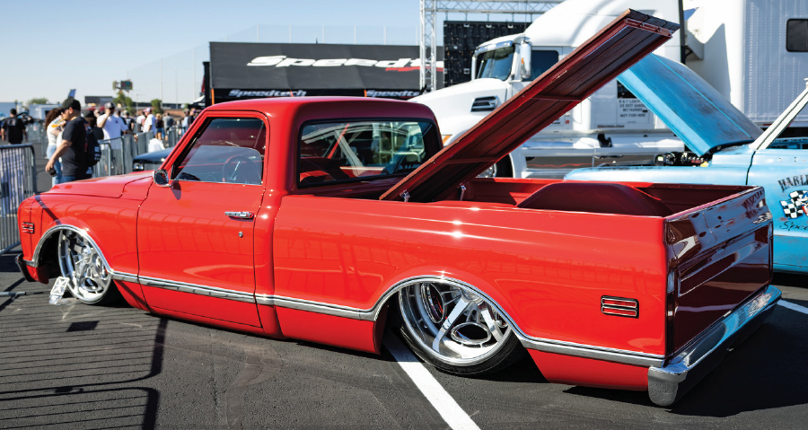 1968 c10 red bed lift billet wheels aired out speedtech booth dinos get down