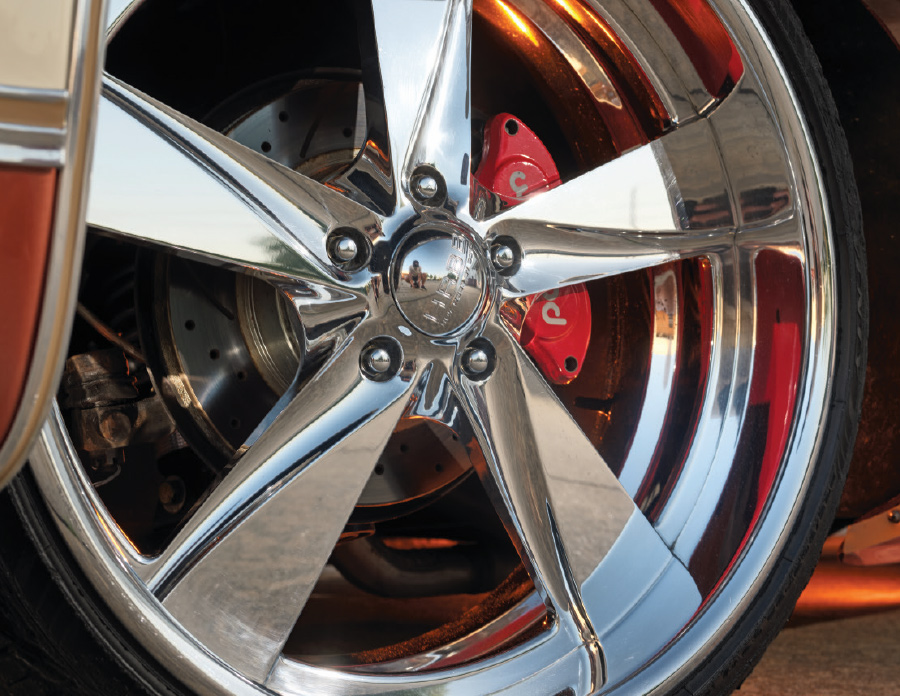 1977 Chevy C10 chrome 5-spoke wheels red Wilwood disc brakes