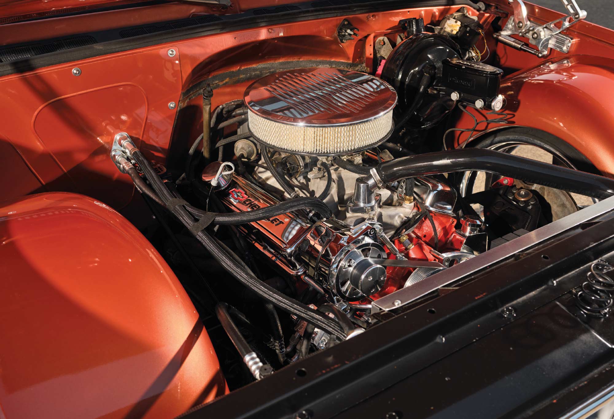 1977 Chevy C10 engine bay small block V8 chrome dress-up kit