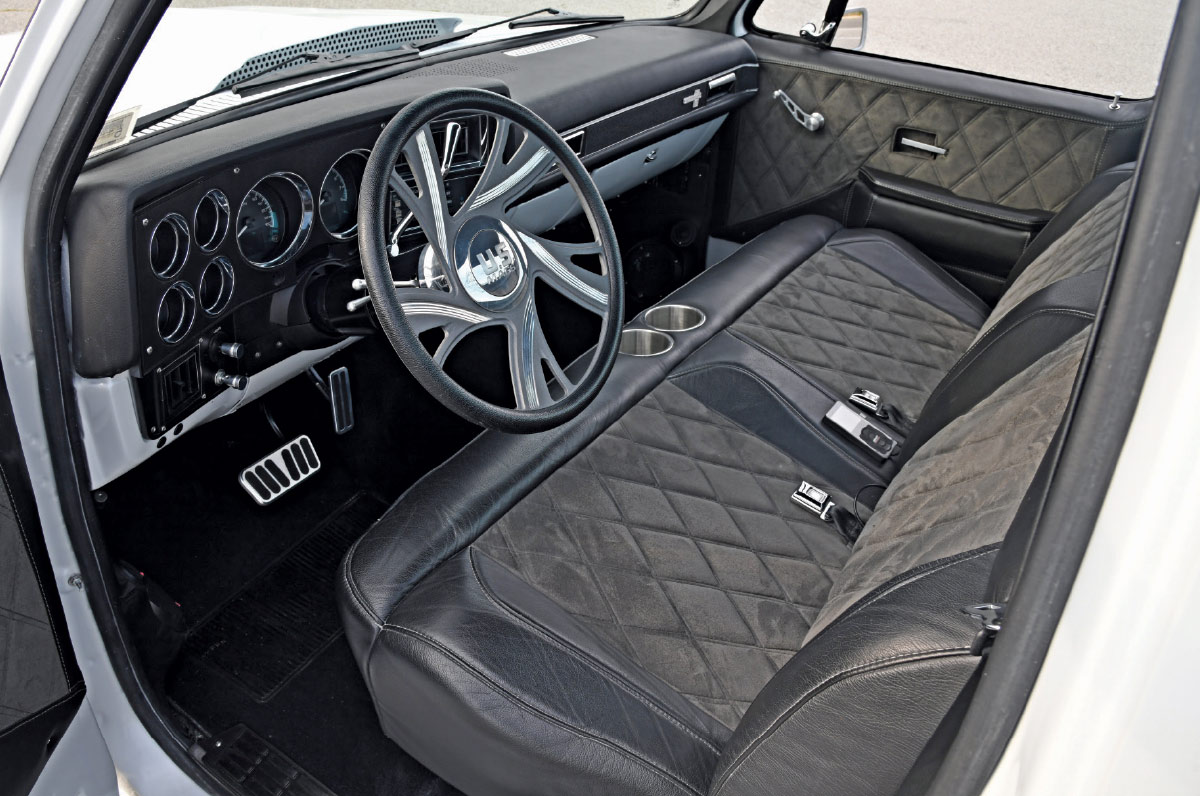 1986 Chevy C10 custom interior diamond-stitched suede bench billet specialties wheel