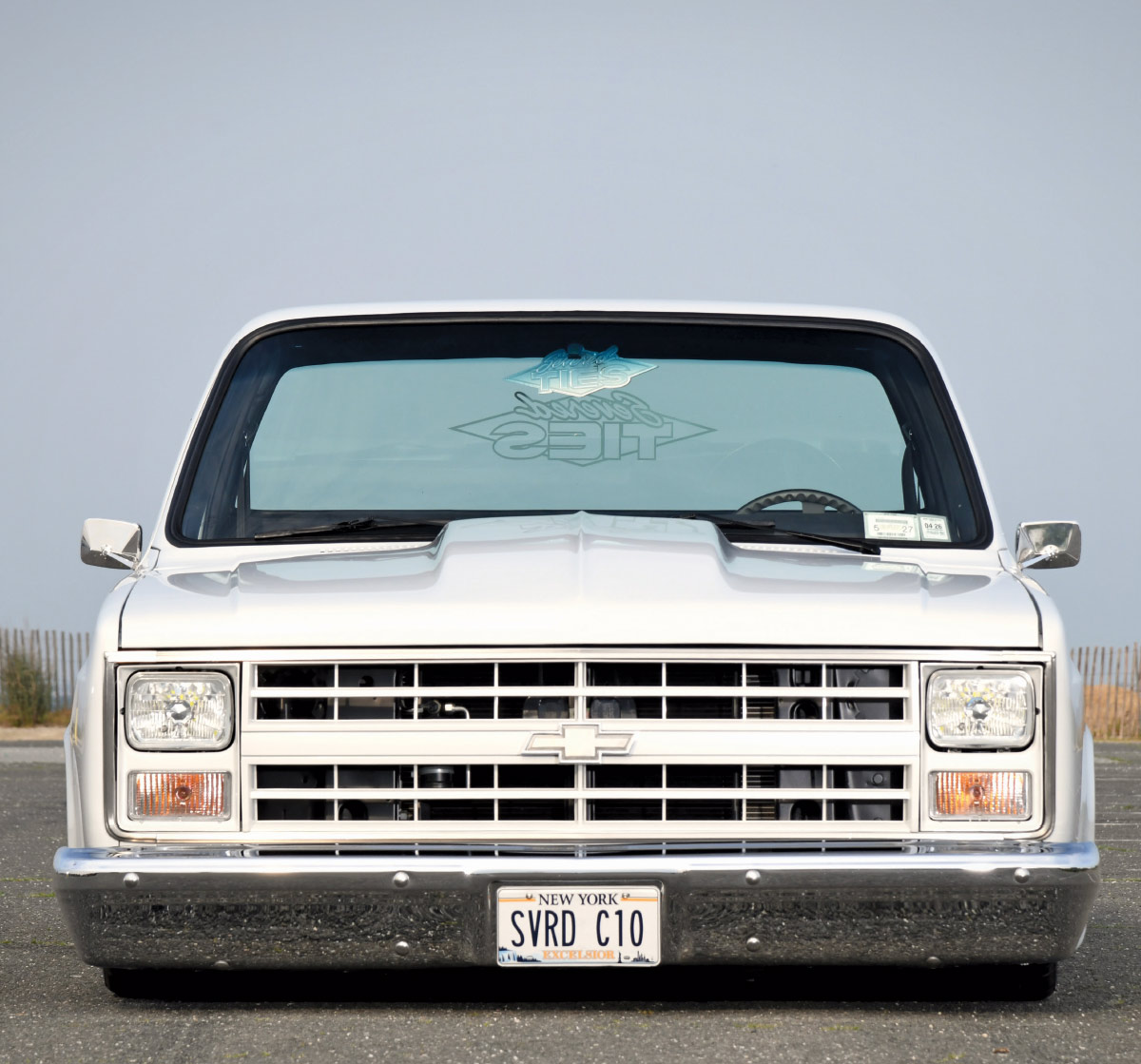1986 Chevy C10 front view billet grille lowered suspension squarebody style