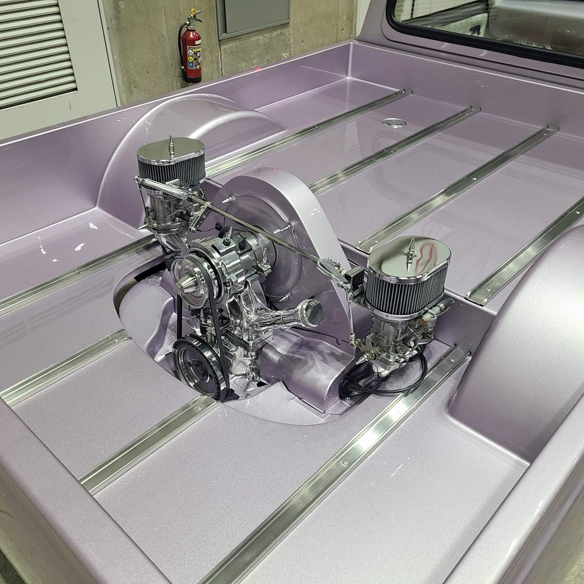 1965 Chevrolet C10 custom truck bed mounted engine twin carb setup show build Japan