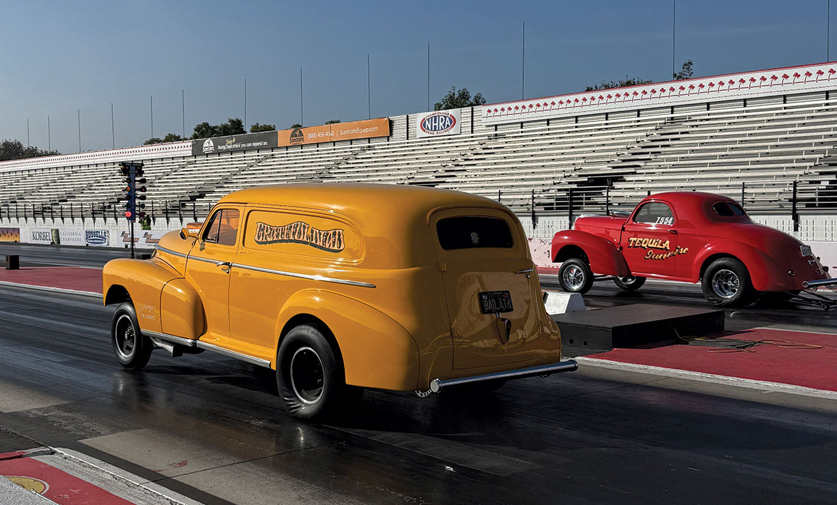 1948 Chevrolet panel delivery drag racing gasser launch at drag strip vintage hot rod race day