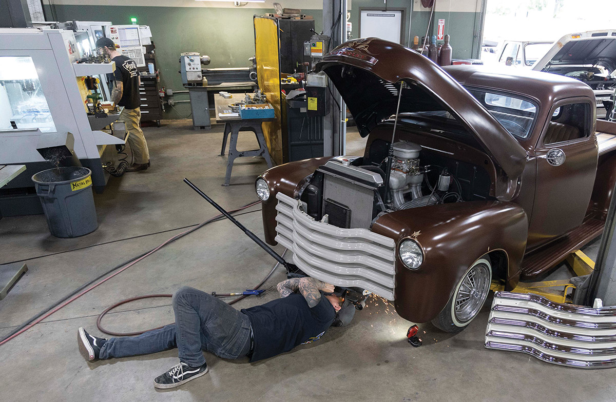 1948 Chevy 3100 grinding under front end grille swap underway
