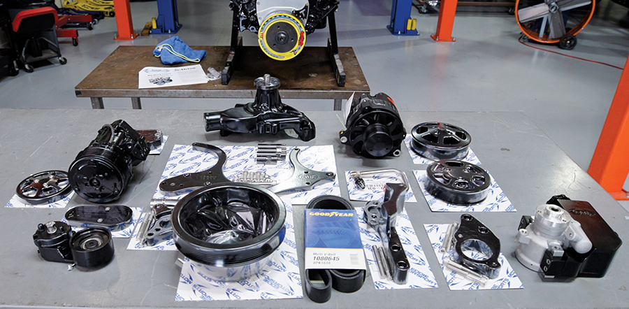 Small block chevy v8 serpentine accessory drive kit pulleys alternator power steering installed