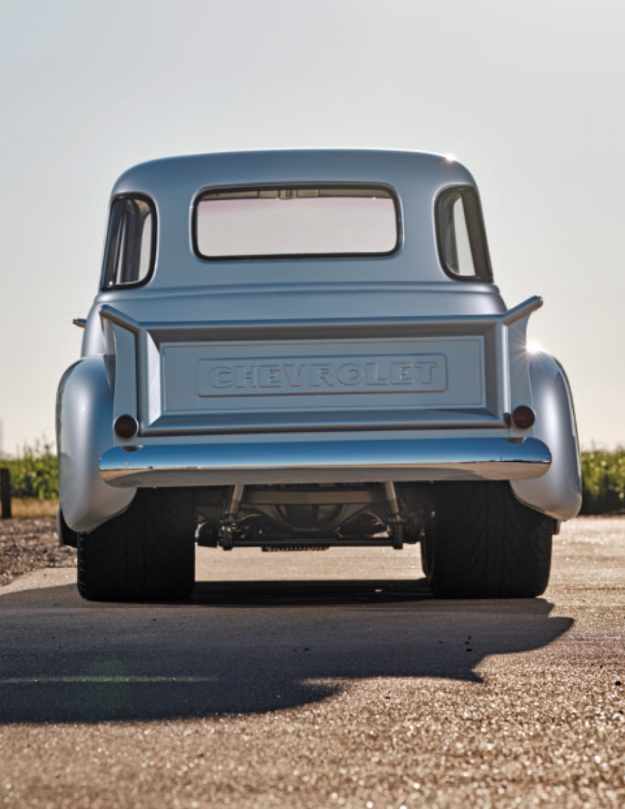 1953 Chevy 3100 rear view wide tires narrowed rear end tucked stance