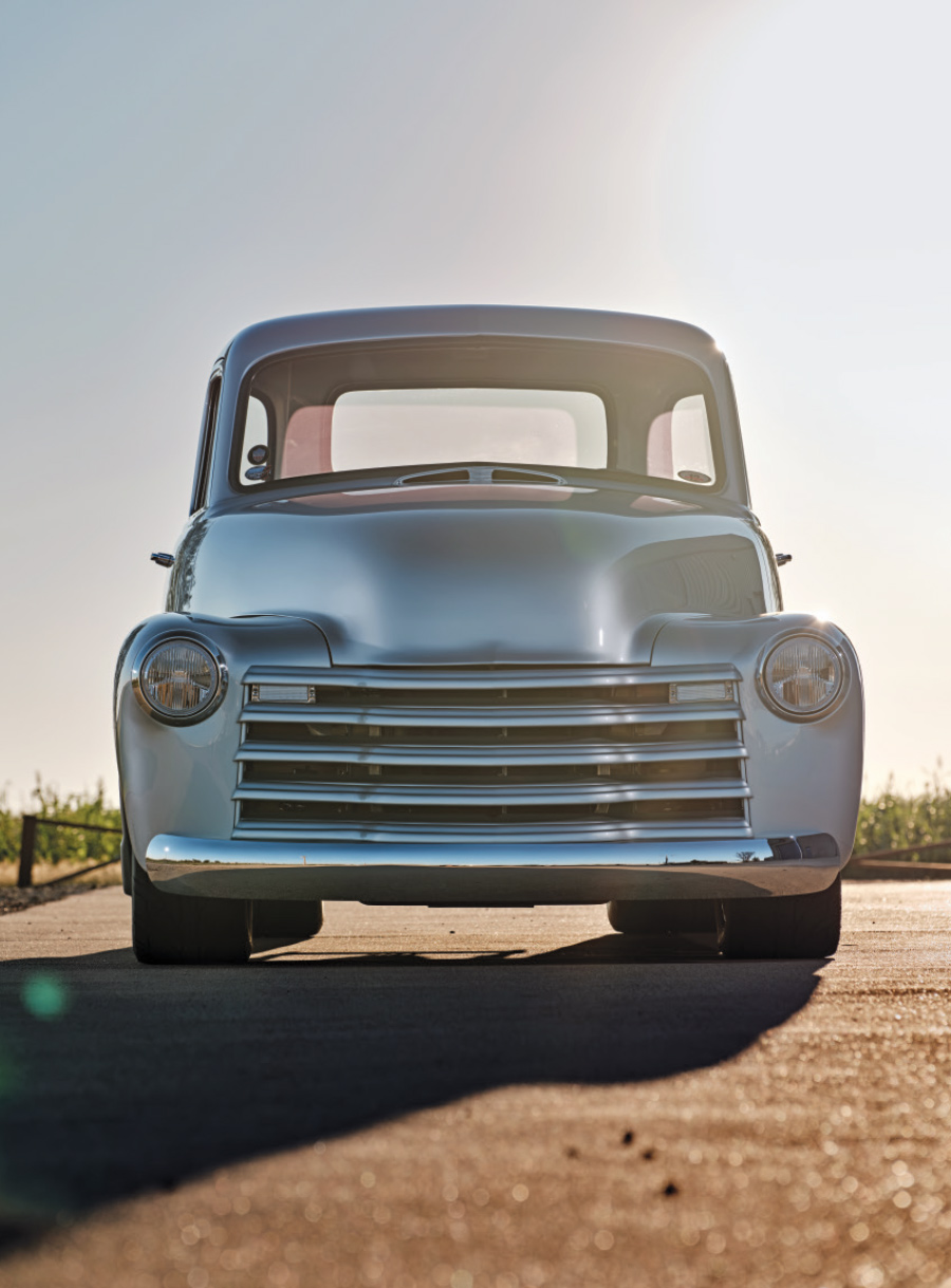 1953 Chevy 3100 front view satin silver grille chrome bumper flush fit