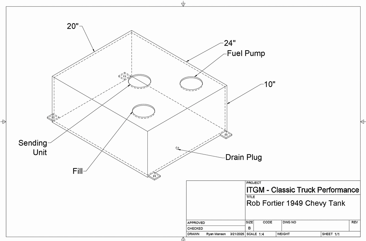 3D wireframe drawing of the Chevy fuel tank showing 20"x24"x10" dimensions and component locations.