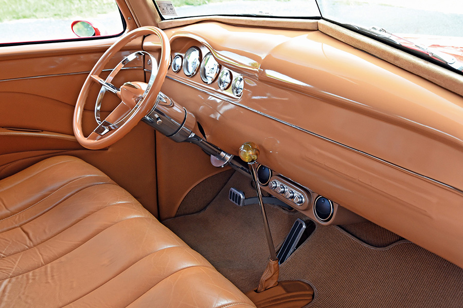1953 Chevrolet 3100 custom red pickup truck tan leather interior dashboard column shifter classic hot rod