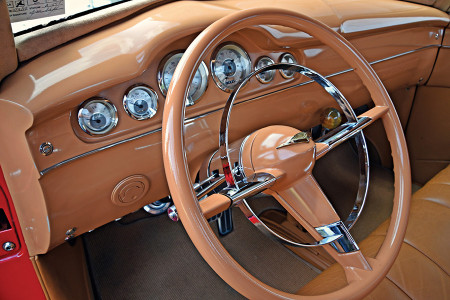 1953 Chevrolet 3100 custom red pickup truck steering wheel gauge cluster interior detail restored classic Chevy