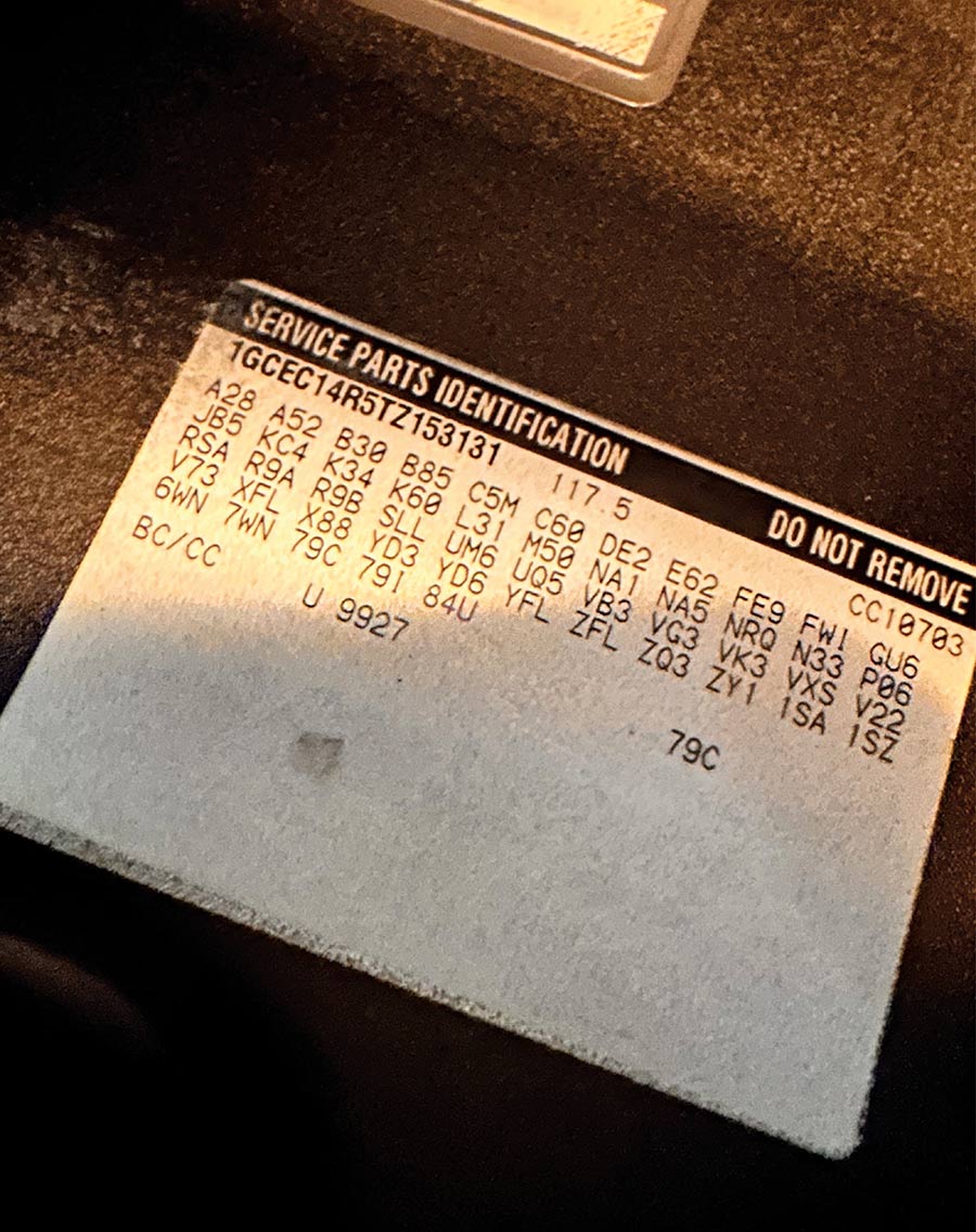 Service Parts Identification label found in the glovebox.
