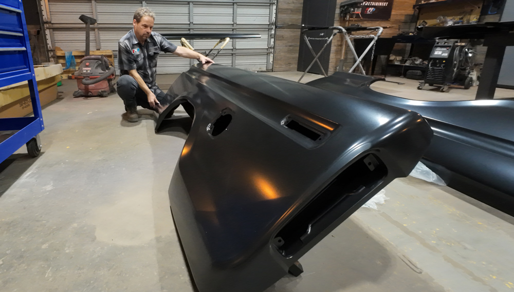 1978 Chevrolet C10 dentside long bed bedside test fit, black EDP coated panel