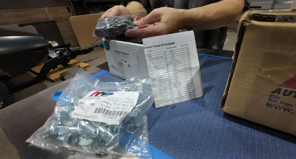 1978 Chevrolet C10 dentside long bed hardware kit unboxing, bed bolt installation set