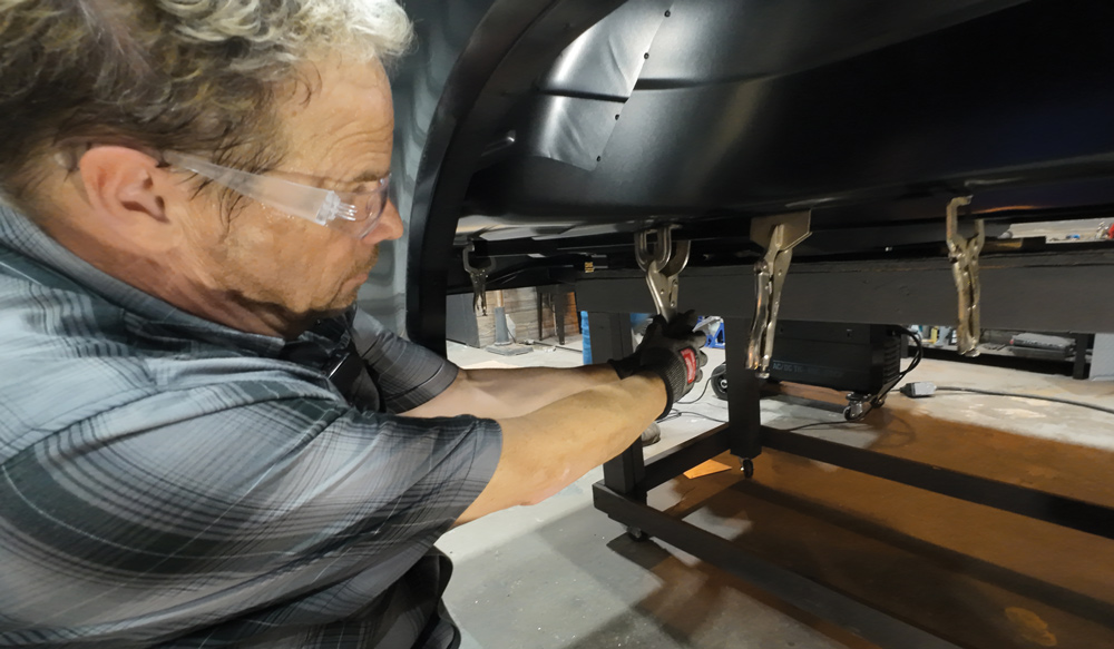 1978 Chevrolet C10 long bed underside clamping, crossmember alignment before welding