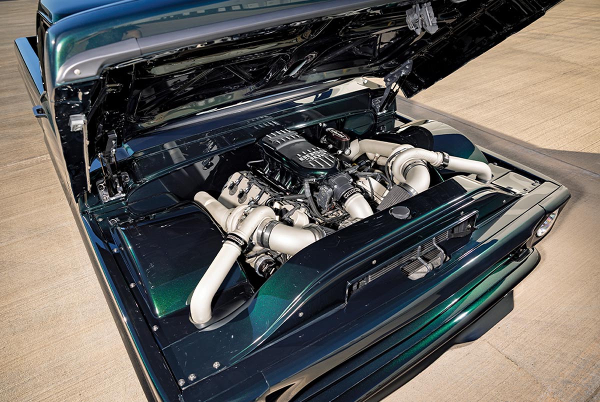 1967 Ford F100 twin turbocharged Coyote V8 engine bay Vibrant intercooler piping
