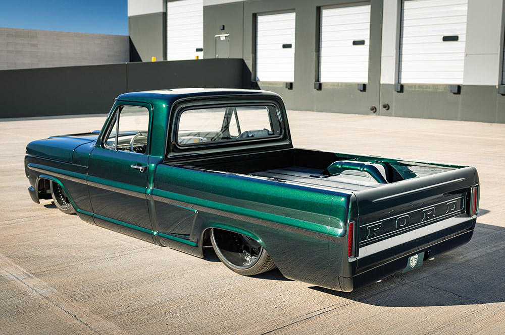 1967 Ford F100 custom rear three quarter view smoothed tailgate FORD embossed panel