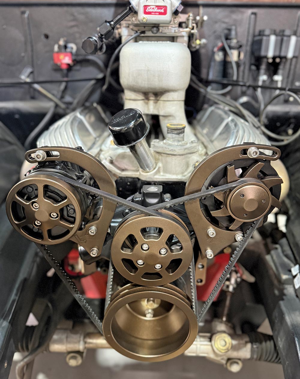 1953 Chevrolet 3100 V8 engine serpentine belt system Edelbrock intake custom pulley drive