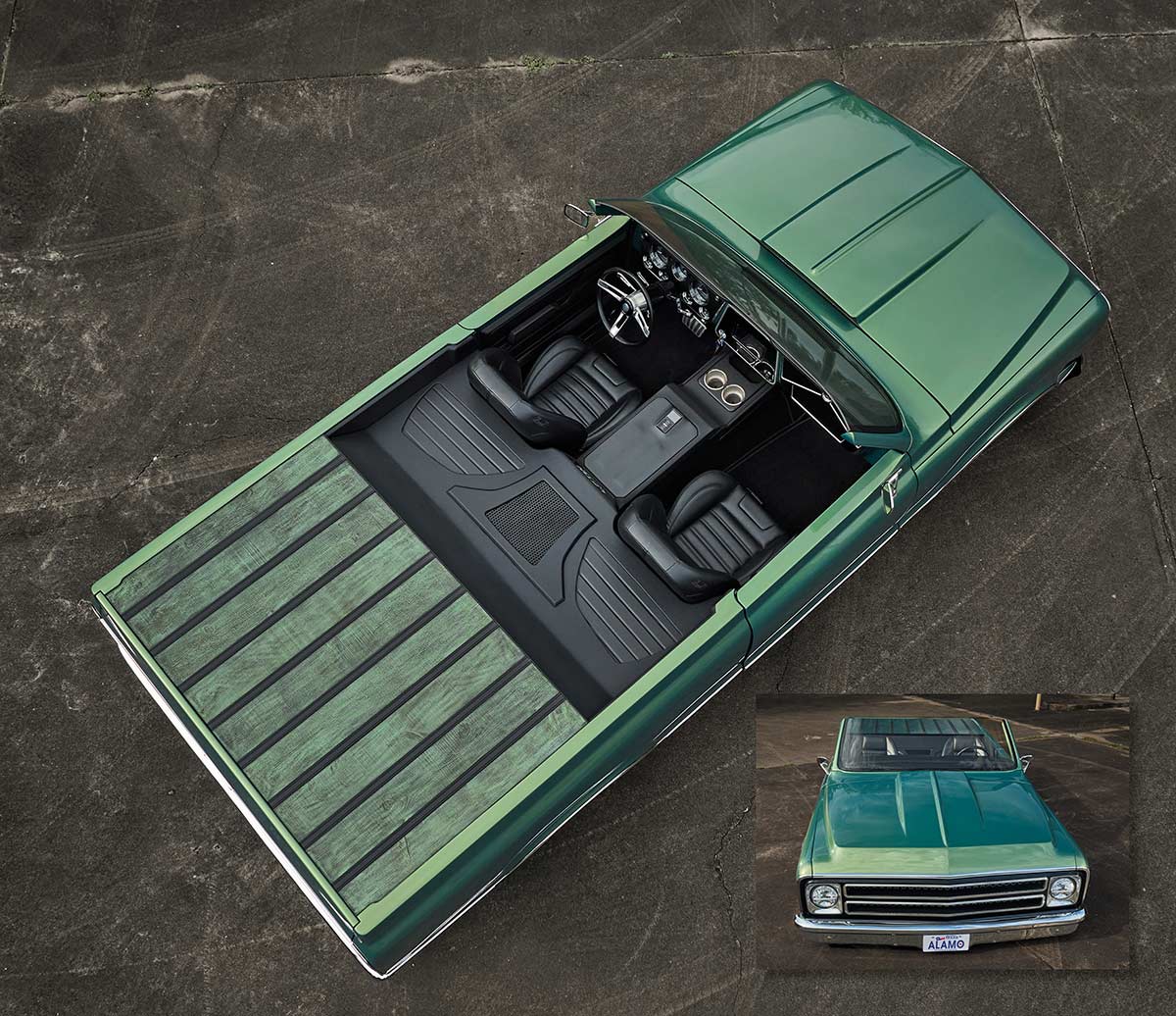 Overhead view showing the two-person cockpit and green wood bed