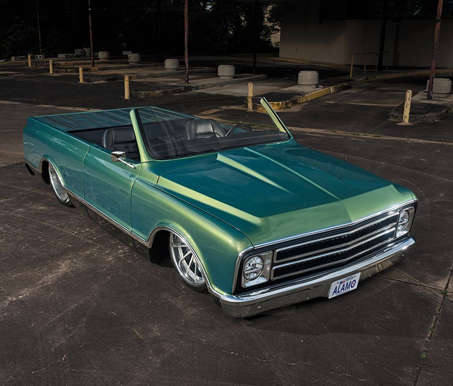 High angle front 3/4 shot of the custom green K5