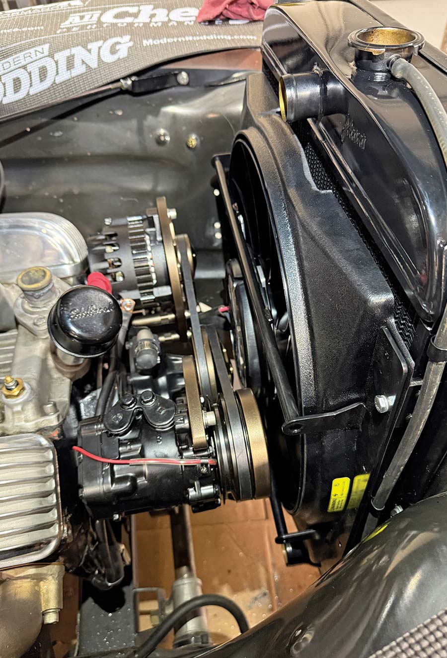 1953 Chevrolet 3100 small block Chevy V8 aluminum radiator shroud serpentine drive system installed