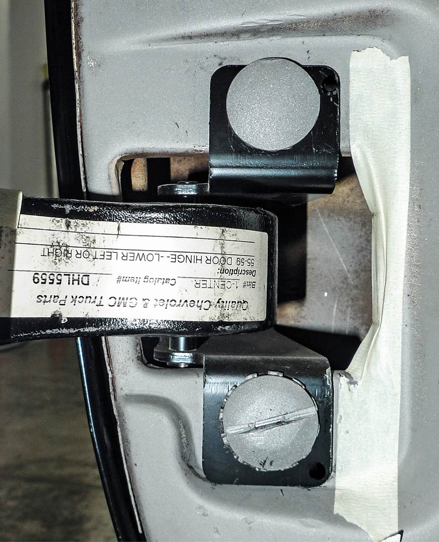 1955 chevrolet 3100 replacement door hinge kit installed with backing plates