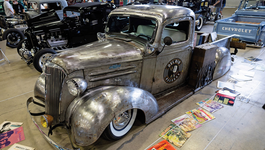 Bare metal classic Chevrolet pickup truck.