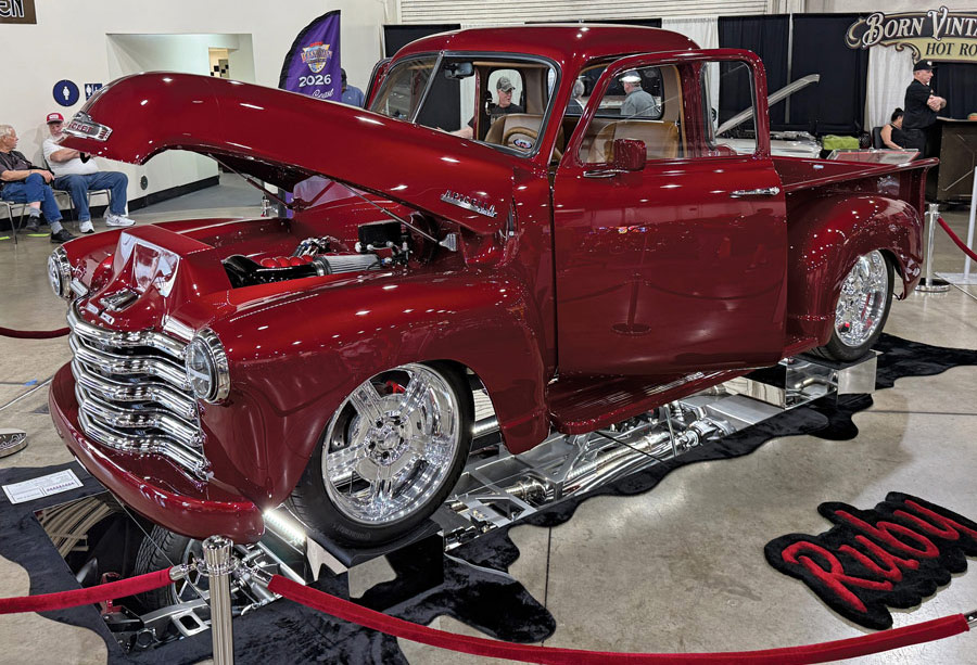 Candy red Chevrolet Advance Design pickup.
