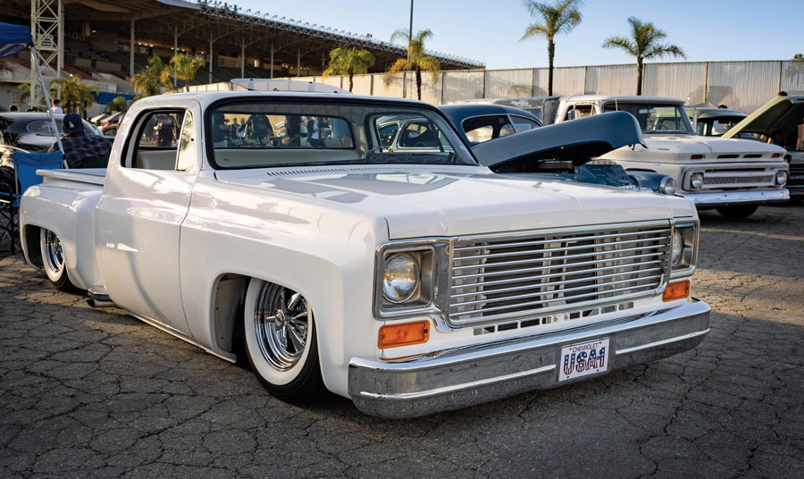 White Chevrolet Squarebody dually pickup.