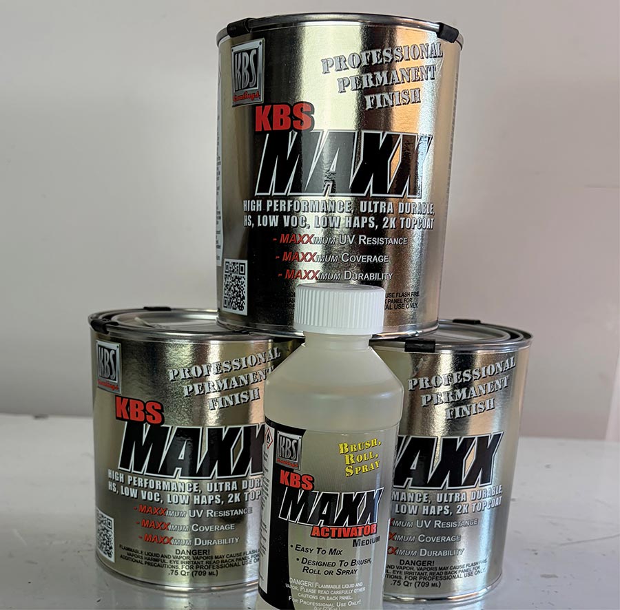Assortment of KBS MAXX polyurethane topcoat cans.