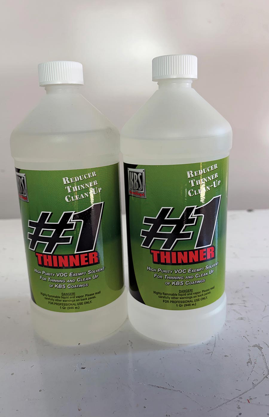 Two bottles of KBS #1 Thinner for cleaning and thinning.
