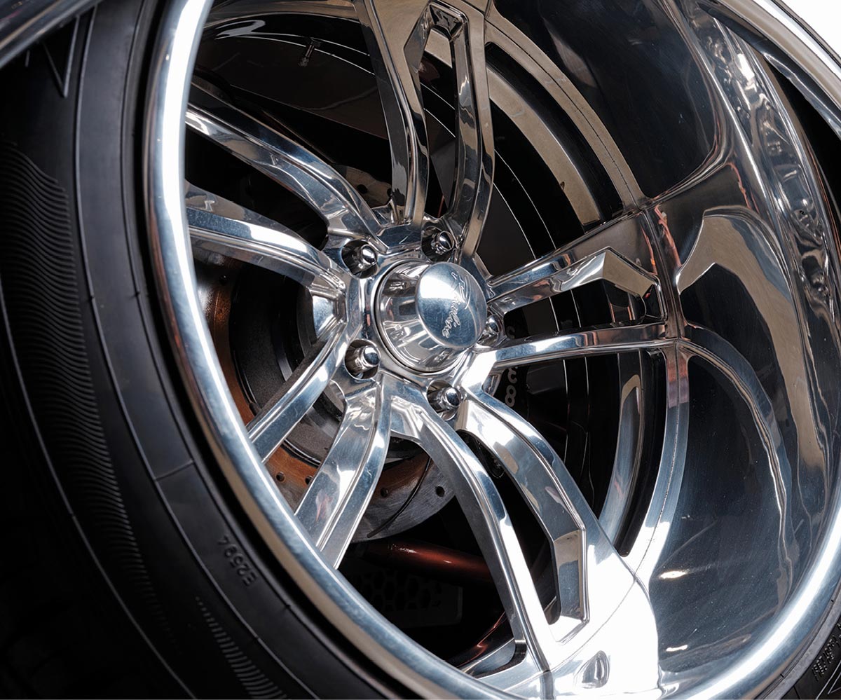 Polished deep-dish Raceline Cheyenne wheel and brake assembly.