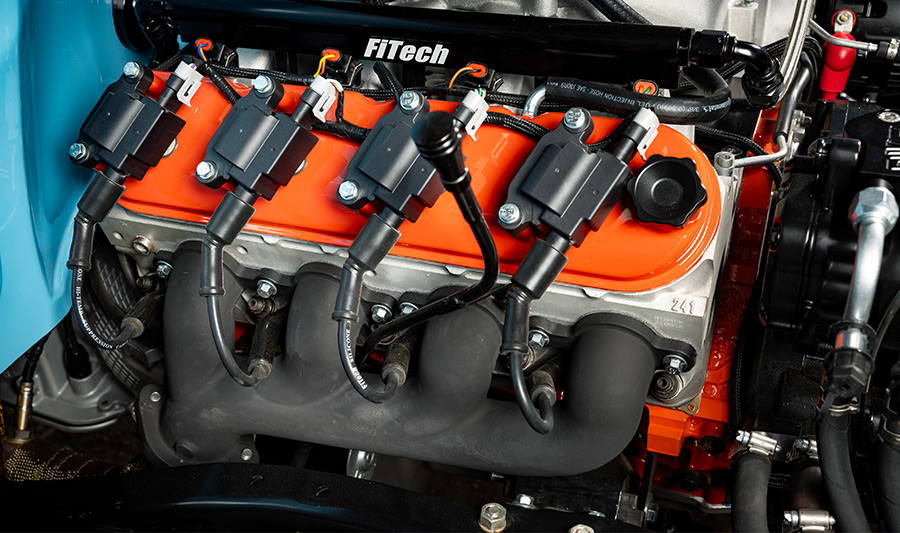 Close-up of the FiTech fuel injected LS engine.