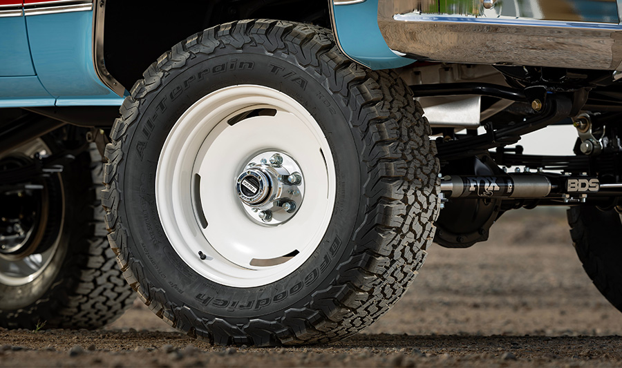 White Detroit Steel wheel with BFGoodrich tire.