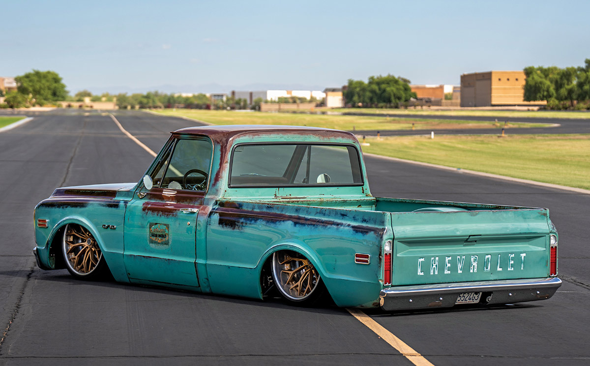 Rear angle view of the slammed 1969 Chevy C10.