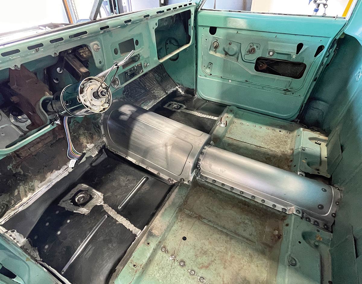 Custom floor pans and transmission tunnel in cab interior