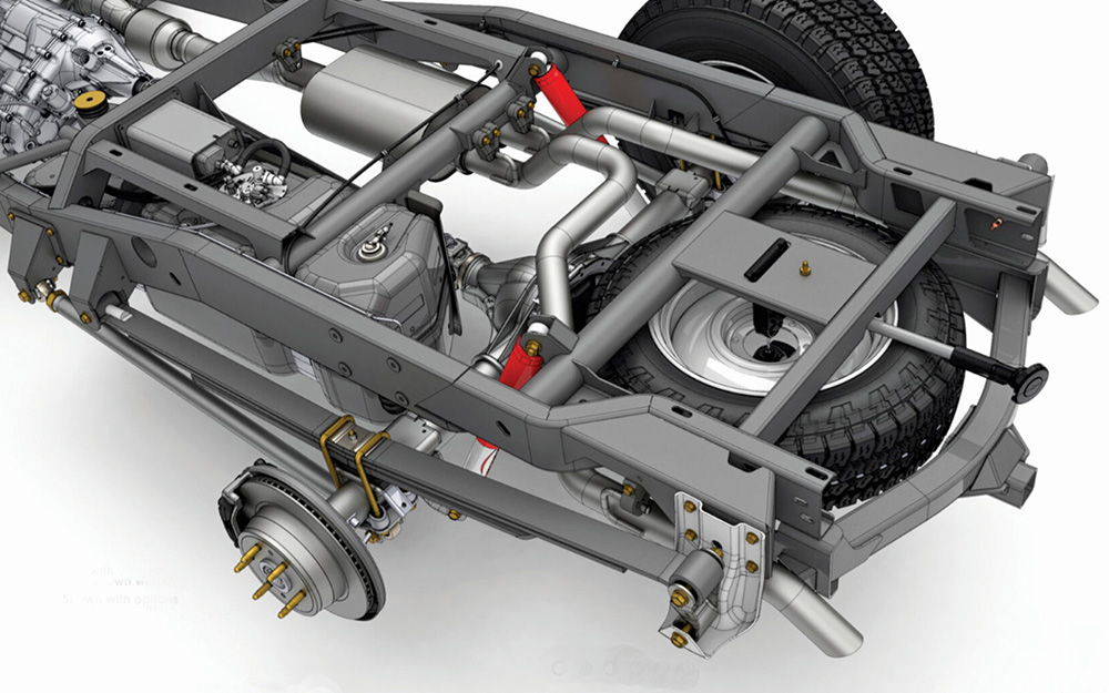 3D view of rear axle and chassis structure.