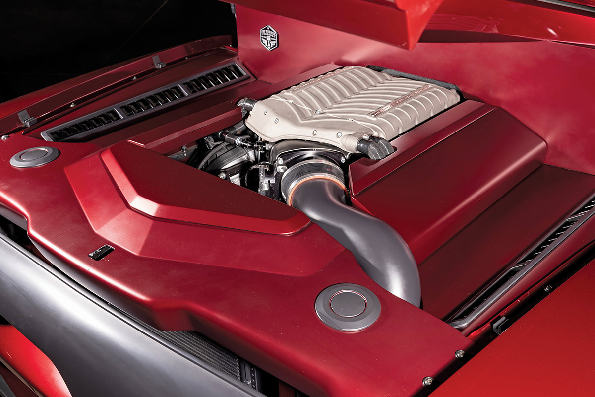 Close-up of the Whipple supercharger on the 5.0L Coyote engine.