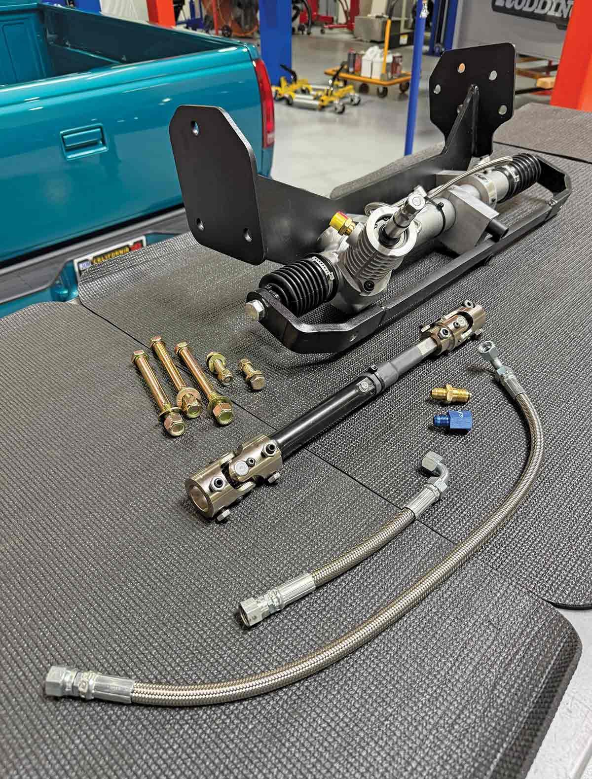 Flaming River rack-and-pinion conversion kit components.