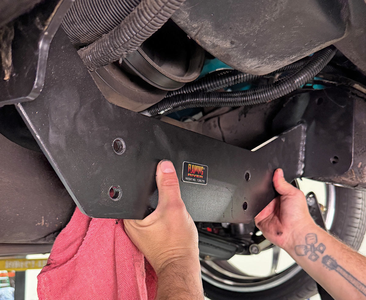 Close-up of front crossmember snout during installation.