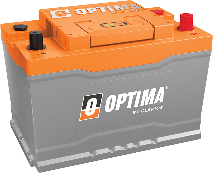 Optima battery in orange and grey housing.