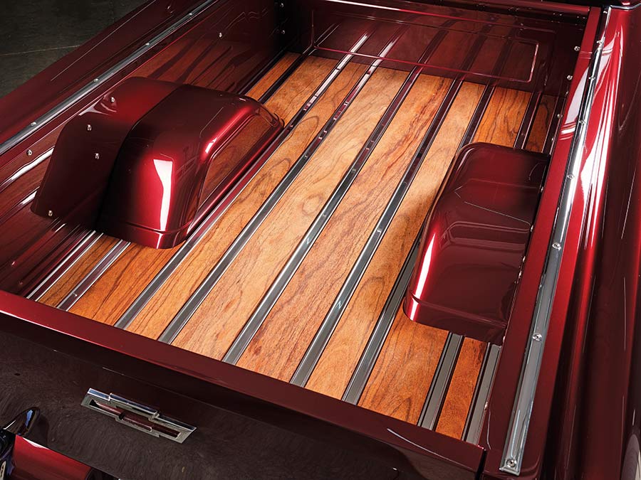 Detail view of Red African Zebra wood bed planks.
