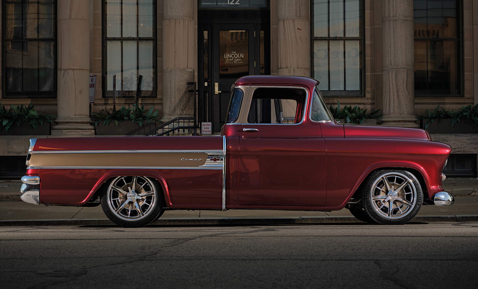 Side profile view of custom 1955 Chevrolet Cameo.