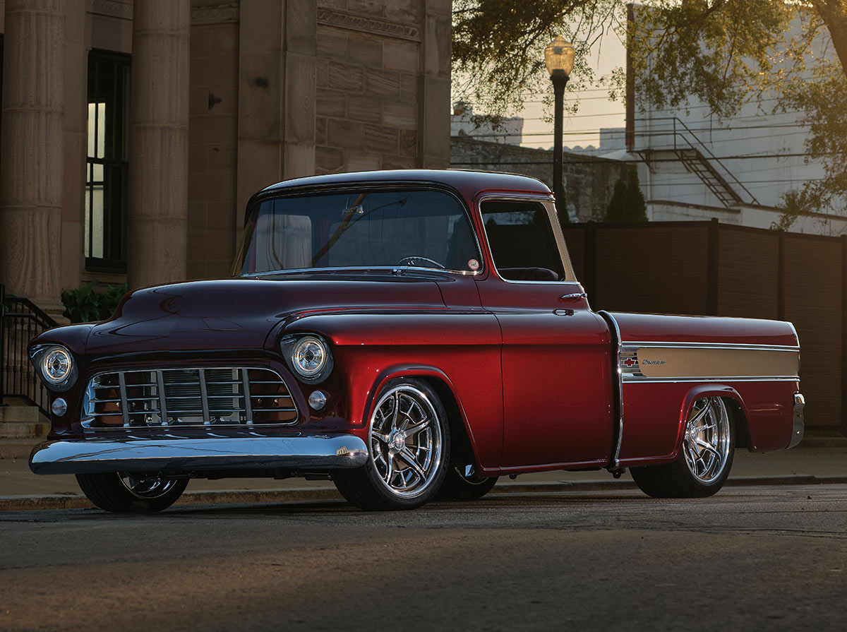 Low-angle front view of customized 1955 Chevy Cameo.