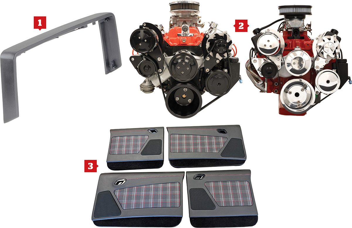 Dashboard trim, engine pulley kits, and upholstered door panels.